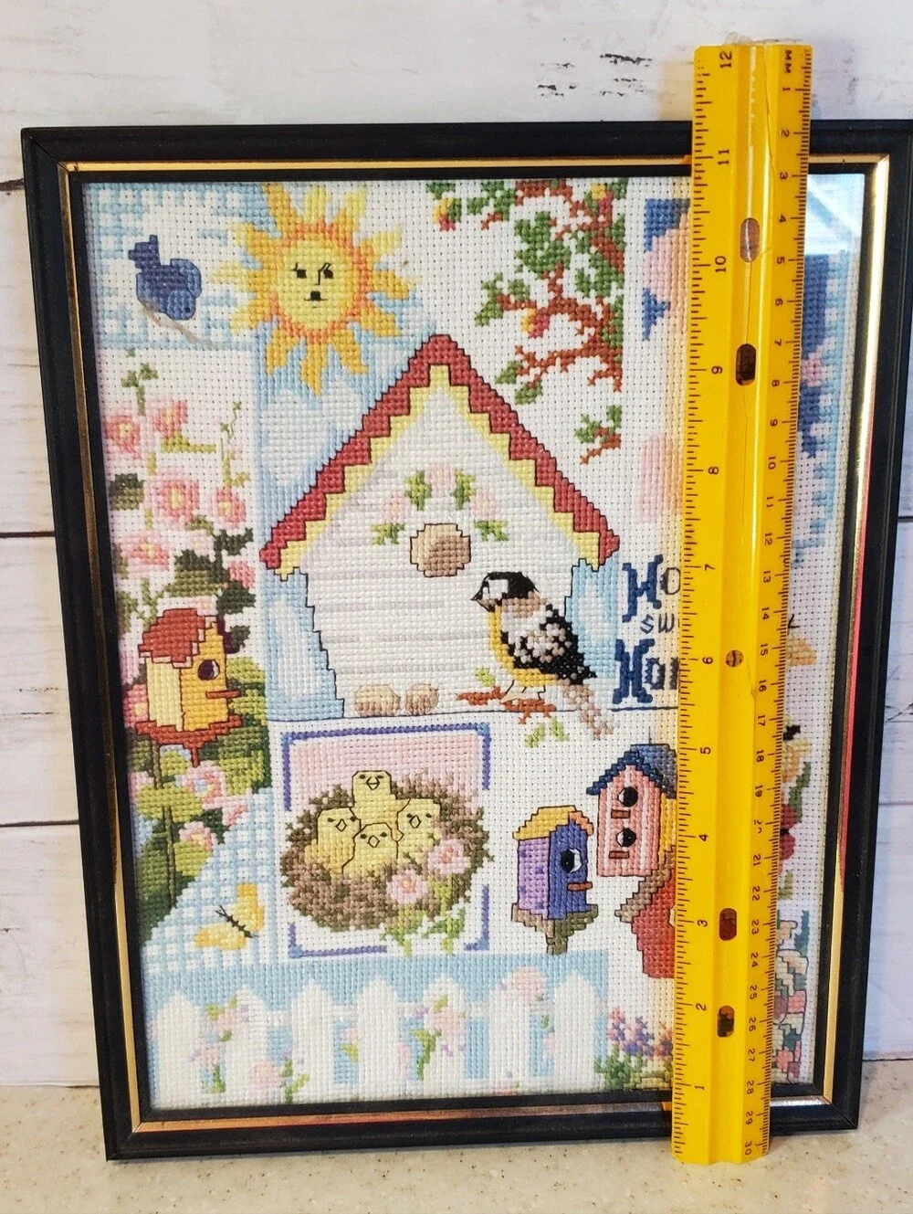 Finished Cross Stitch Birdhouse Home Sweet Home Framed Needlepoint Cottagecore G